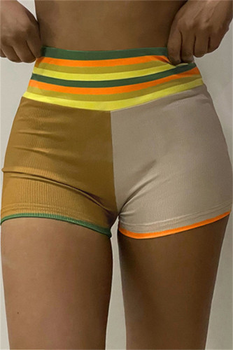 Pantaloncini a vita alta attillati con patchwork a righe casual alla moda di colore