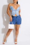 Donkerblauw Casual Street Solid Patchwork Chains Denim Shorts met hoge taille