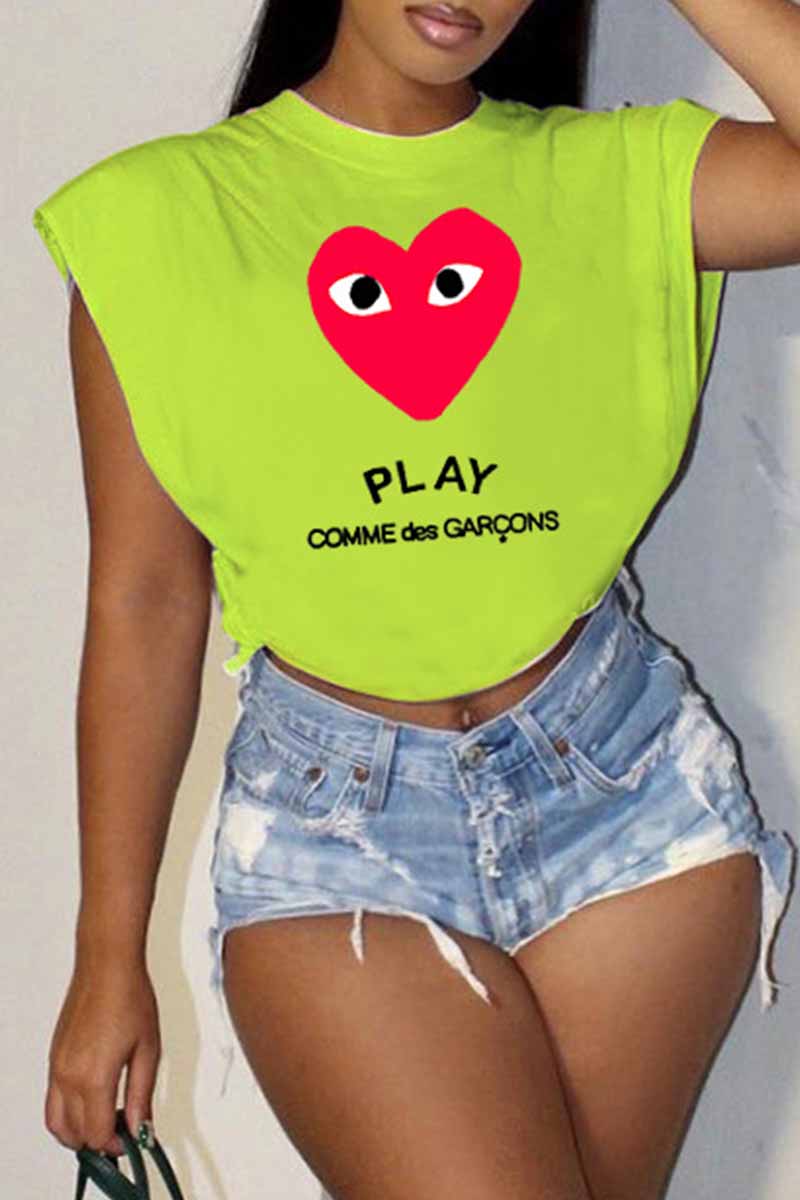 

Light Green Fashion Casual Print Letter O Neck T-Shirts