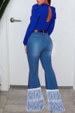 Deep Blue Casual Street Solid Tassel Patchwork High Waist Denim Jeans