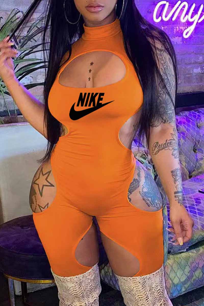 

Orange Fashion Sexy Print Hollowed Out Letter O Neck Jumpsuits