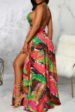 Multicolor Vacation Print High Opening Halter Waist Skirt Dresses