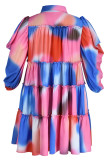 Purple Cyan Casual Print Patchwork Buckle Turndown Collar Shirt Dress Plus Size Dresses