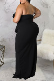 Schwarzes, sexy, solides Patchwork-Volant mit Schlitz, asymmetrisches, trägerloses Abendkleid, Kleider in Übergröße