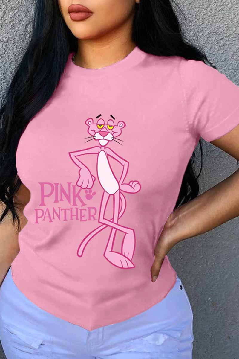 

Pink Fashion Street Character Print Letter O Neck T-Shirts