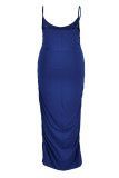 Tibetan Blue Sexy Solid Patchwork Spaghetti Strap One Step Skirt Plus Size Dresses