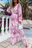 Robes droites violettes décontractées imprimées de vacances, patchwork ajouré, col en V