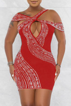 Röd Mode Sexig Patchwork Hot Drilling urholkad rygglös V-hals ärmlös klänning klänningar