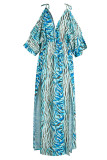 Blaue Mode Sexy Print Patchwork V-Ausschnitt Gerade Kleider