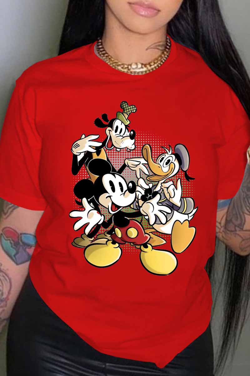 

Red Fashion Street Character Patchwork O Neck T-Shirts