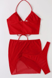 Red Sexy Solid Patchwork Draw String 3 Piece Sets