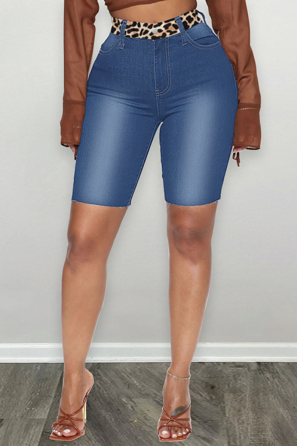 Short jeans azul médio casual estampa de rua leopardo patchwork patch de cintura alta