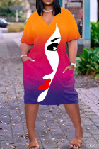 Multicolor Mode Casual Print Patchwork V-ringad kortärmad klänning