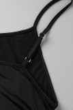 黒のセクシーなソリッドパッチワークスパゲッティストラップワンステップスカートプラスサイズのドレス