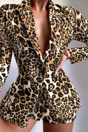 Leopard Print Fashion Casual Print Patchwork Turndown Collar Long Sleeve Two Pieces