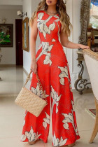 Red Sexy Elegant Print Patchwork Backless O Neck Straight Jumpsuits