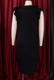 Черные повседневные однотонные платья в стиле пэчворк с оборками и разрезом с круглым вырезом