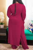 Tangerine Red Casual Solid Slit O Neck Plus Size Dos piezas