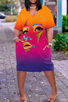 Mehrfarbiges, modisches, lässiges Patchwork-Kleid mit V-Ausschnitt und kurzen Ärmeln