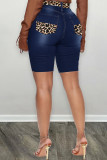 Middelblauwe casual jeansshort met luipaardprint en patchwork patch met hoge taille en hoge taille