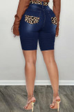 Deep Blue Casual Street Print Leopard Patchwork Patch High Waist Denim Shorts