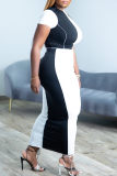 Zwart Wit Mode Casual Patchwork Contrast O-hals Korte Mouwen Tops Rok Tweedelige Set