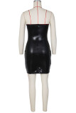 黒のセクシーなソリッドパッチワークストラップレスペンシルスカートドレス