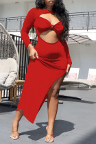 Vestidos de saia de um passo vermelho sexy sólido vazado com fenda e decote