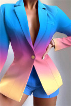 ブルーファッションカジュアルプリントパッチワークターンダウンカラー長袖ツーピース