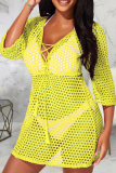 Yellow Casual Solid See-through Mesh Swimwears Cover Up