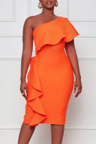 Vestidos de saia de um passo laranja elegante de retalhos sólidos babados gola oblíqua