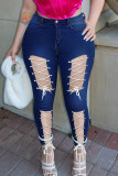 Jeans jeans denim cintura alta sexy street curativo sólido vazado patchwork azul claro