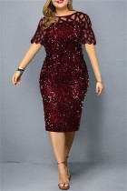 Бордовое модное лоскутное платье больших размеров с блестками и круглым вырезом, прозрачное платье с короткими рукавами