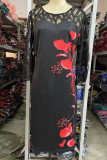 Vestidos de talla grande rectos con cuello en O de patchwork con estampado casual negro