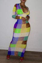 Vestidos de falda de un paso con cuello en V de patchwork con estampado sexy de color caqui