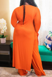 Tangerine Red Casual Solid Slit O Neck Plus Size Zweiteiler