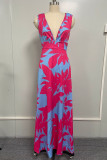 ロイヤル ブルー ファッション プリント パッチワーク V ネック ストレート ドレス