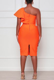 Orangefarbene, elegante, solide Patchwork-Volants mit schrägem Kragen und One-Step-Rock-Kleidern