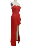 赤のセクシーなソリッドパッチワーク非対称ストラップレスイブニングドレスドレス