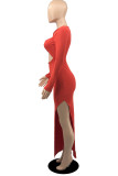 Vestidos de saia de um passo vermelho sexy sólido vazado com fenda e decote