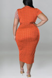Orange Rot Casual Print Bandage Patchwork V-Ausschnitt One Step Rock Kleider in Übergröße