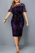 Темно-фиолетовое модное лоскутное платье больших размеров с пайетками, прозрачное платье с круглым вырезом и короткими рукавами