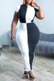 ブラック ホワイト ファッション カジュアル パッチワーク コントラスト O ネック 半袖 トップス スカート XNUMX点セット