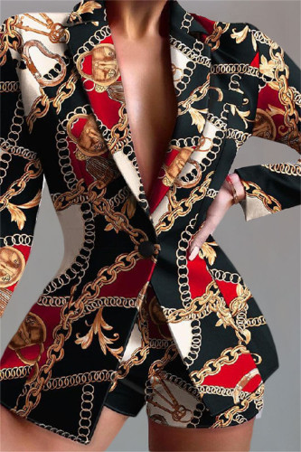 Black Fashion Casual Print Patchwork Turndown Collar Long Sleeve Two Pieces