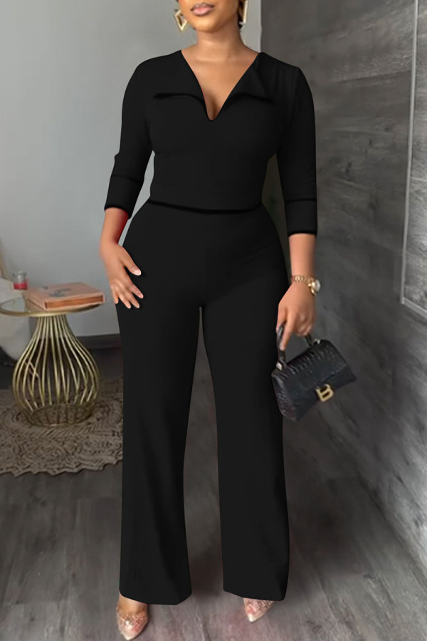 Black Fashion Casual Solid Patchwork Turndown Collar Regular Jumpsuits