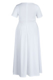 Белые повседневные однотонные лоскутные платья с круглым вырезом А-силуэта больших размеров (без пояса)