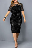 ブルゴーニュ ファッション パッチワーク プラス サイズ スパンコール シースルー O ネック半袖ドレス
