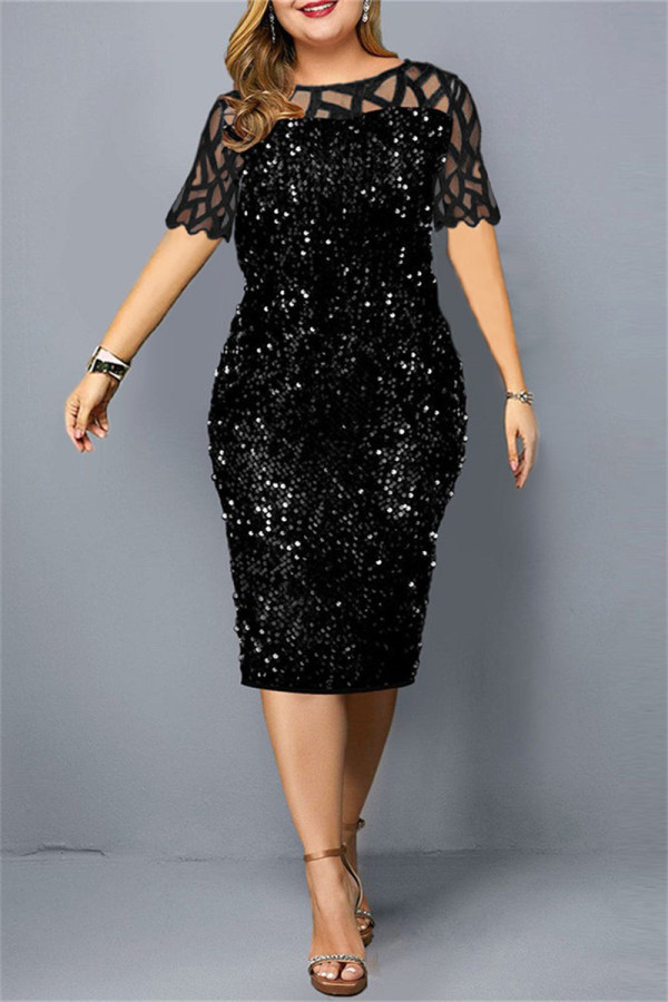 Zwarte mode patchwork plus size pailletten doorschijnende O-hals jurk met korte mouwen