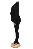 Zwarte mode casual effen patchwork bovenkleding met omgeslagen kraag