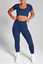 Темно-синий Повседневная спортивная одежда Однотонный Пэчворк О-образный вырез С короткими рукавами Из двух частей